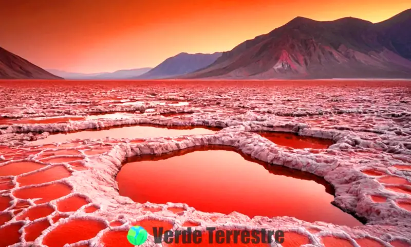 Lago Natron con aguas rojas y naranjas, formaciones rocosas extrañas y un cielo claro en un paisaje surrealista y peligroso