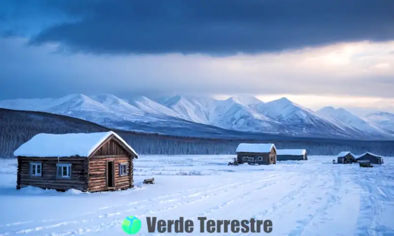 Paisaje helado de Oymyakon con casas de madera cubiertas de nieve y un cielo oscuro, transmitiendo peligro y aislamiento