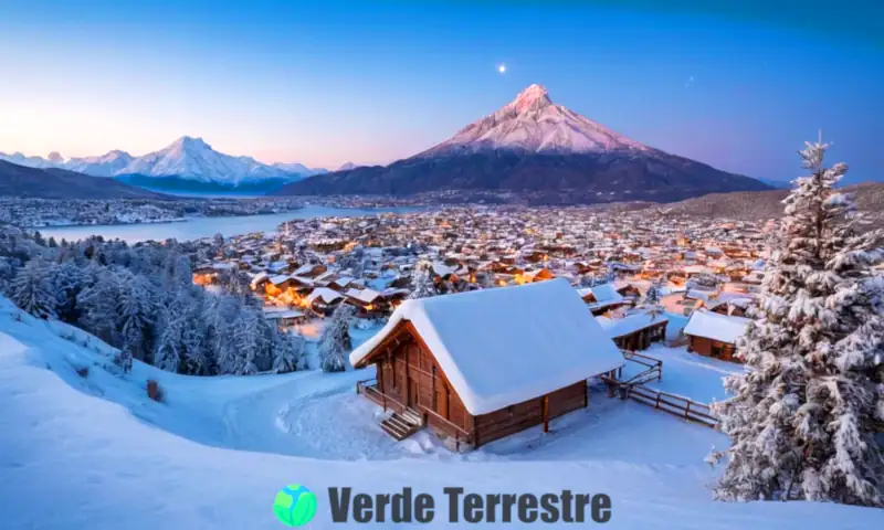 Paisaje invernal en México con montañas nevadas, lagos congelados y un pueblo acogedor bajo un cielo estrellado
