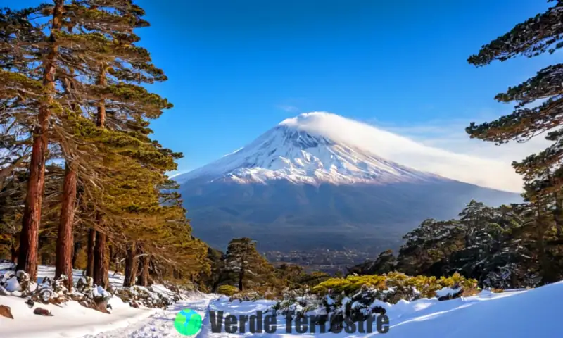 Paisaje invernal de Iztaccíhuatl y Popocatépetl con picos nevados, cielo azul y un lago reflejando las montañas