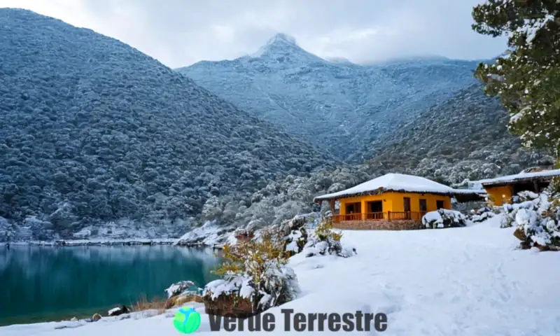 Paisaje invernal en México con montañas nevadas, lagos helados, bosques escarchados y encantadoras localidades bajo la nieve