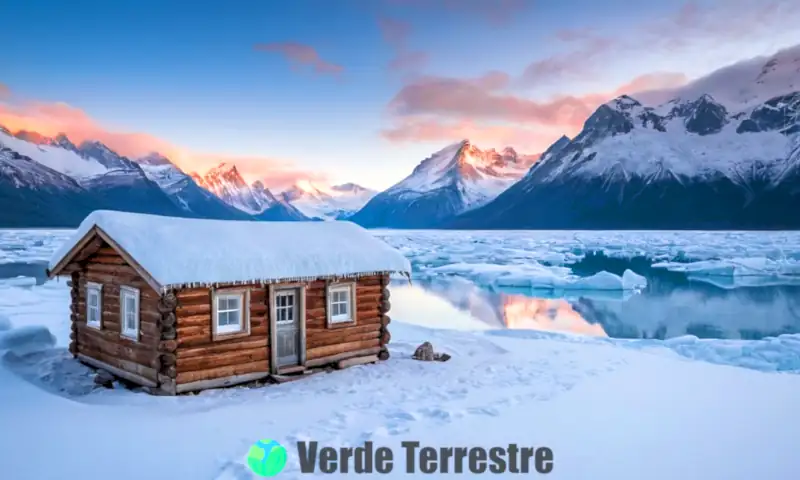 Panorámica de paisajes helados con glaciares, montañas nevadas, un oso polar, auroras y una cabaña rústica