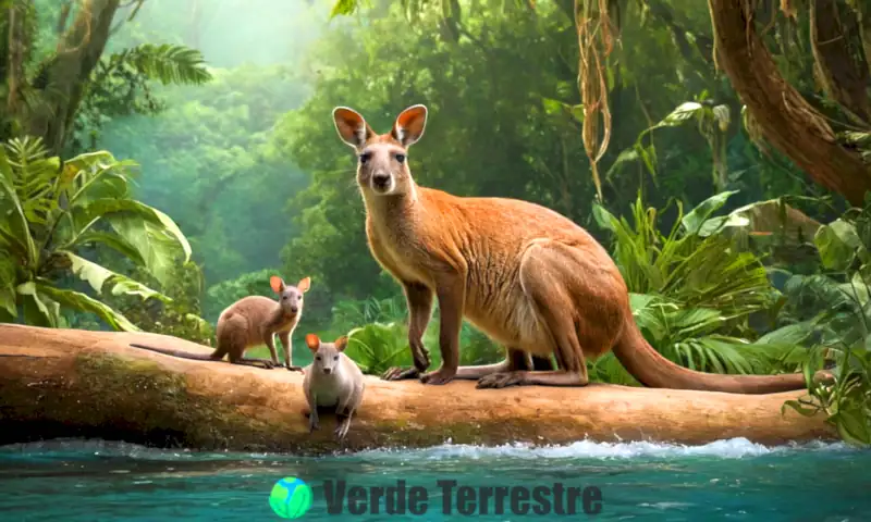 Ilustración realista de mamíferos vivíparos en su hábitat, incluyendo un canguro con su cría, delfines y primates, en un entorno vibrante de selva y océano