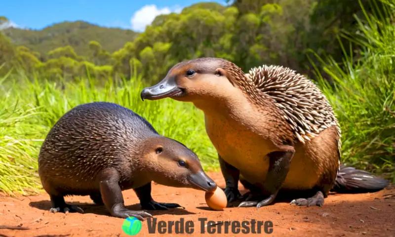 Un ornitorrinco y un equidna en un paisaje australiano soleado