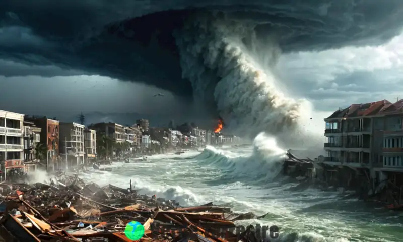 Tsunami devastador azotando una ciudad costera, con edificios sumergidos y personas evacuando bajo un cielo tormentoso