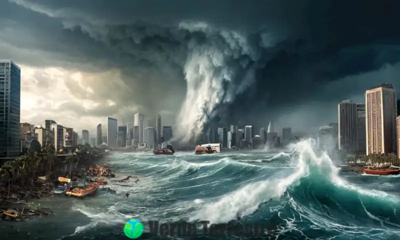 Tsunami arrasando una ciudad costera
