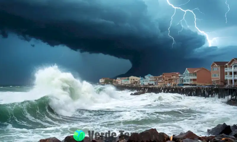 Tsunami devastador golpeando una ciudad costera bajo un cielo tormentoso