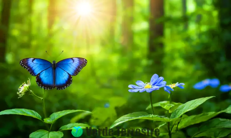 Mariposa azul posada en una flor en un bosque verde, con luz filtrada y elementos de equilibrio ecológico