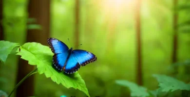 Mariposa de color azul posada en una hoja verde rodeada de flores coloridas en un bosque iluminado por el sol