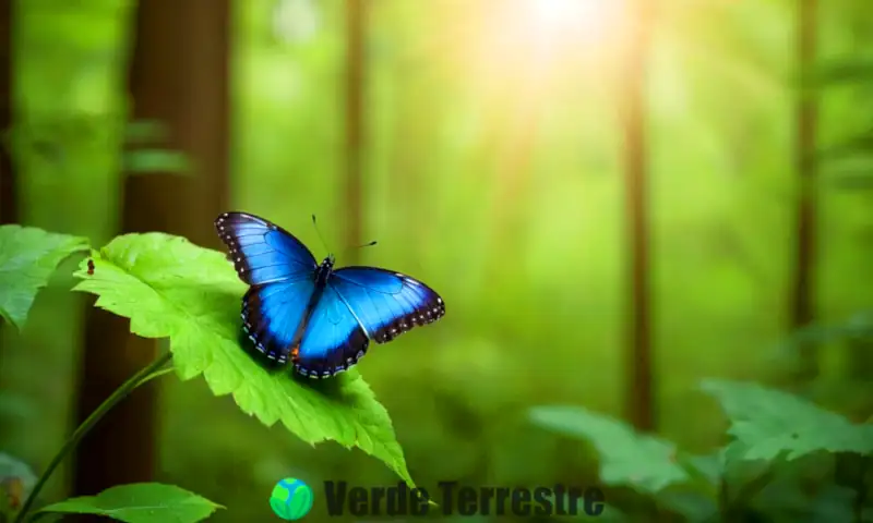 Mariposa de color azul posada en una hoja verde rodeada de flores coloridas en un bosque iluminado por el sol