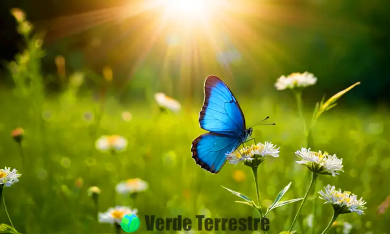 Mariposa azul vibrante posada sobre una flor en un prado verde, rodeada de flora y fauna diversa bajo la luz del sol