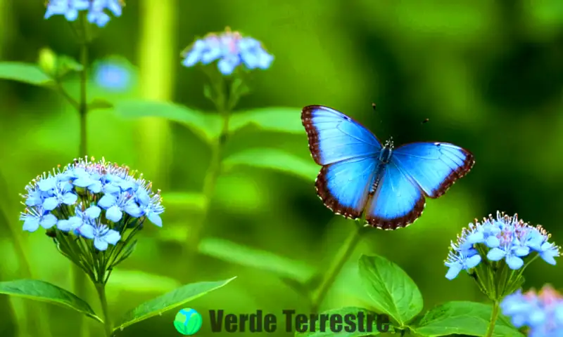 Mariposa azul vibrante posada en una flor delicada, rodeada de un hábitat verde y elementos que sugieren un ecosistema saludable