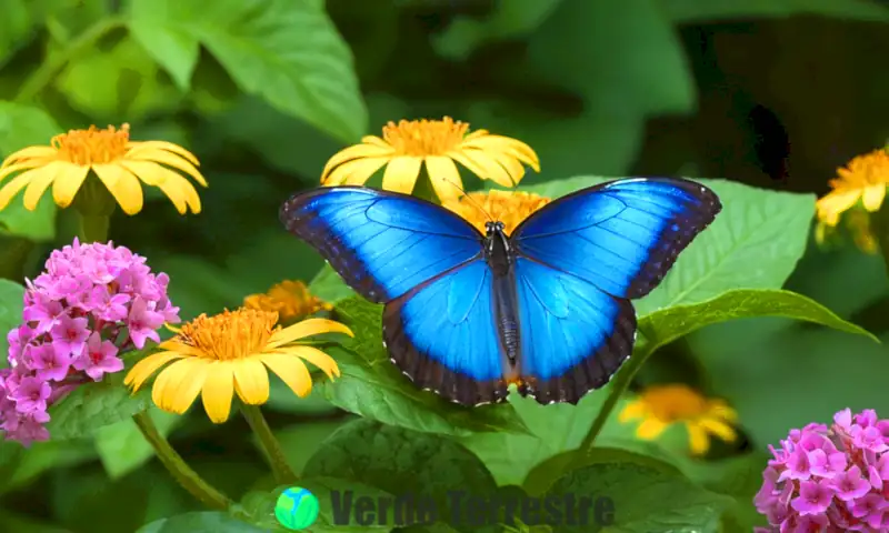 Mariposa azul alimentándose en un entorno exuberante, rodeada de flores coloridas y hojas verdes
