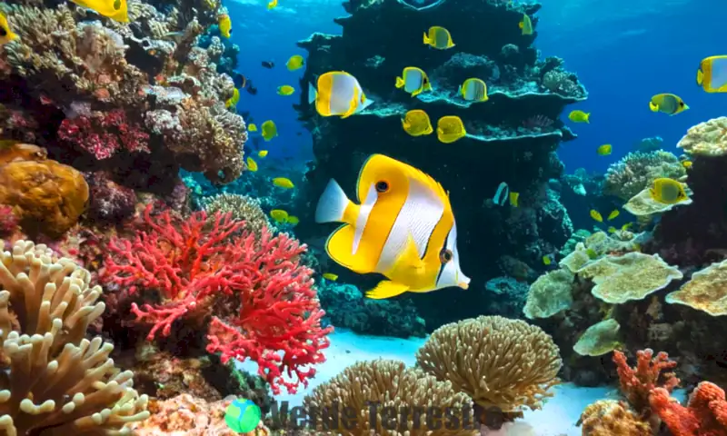 Escena submarina vibrante con peces mariposa alimentándose en un colorido arrecife de coral