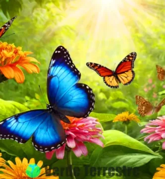 Ilustración vibrante de mariposas en un jardín colorido