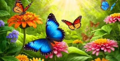 Ilustración vibrante de mariposas en un jardín colorido