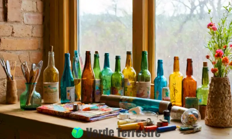 Decoración del hogar con coloridos proyectos de botellas recicladas en un espacio de manualidades acogedor y luminoso