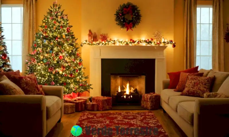 Sala de estar acogedora decorada con un árbol de Navidad decorado a mano y copos de papel, junto a una chimenea