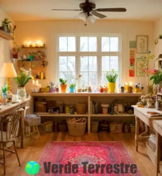 Sala de manualidades acogedora con decoración creativa hecha de materiales reciclados