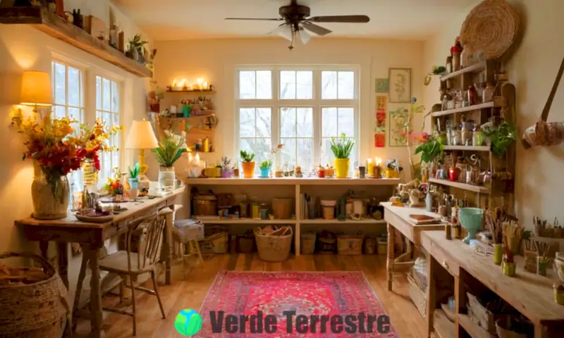 Sala de manualidades acogedora con decoración creativa hecha de materiales reciclados