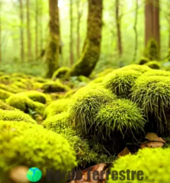 Primer plano de musgos de diversos tipos en un bosque iluminado por la luz del sol