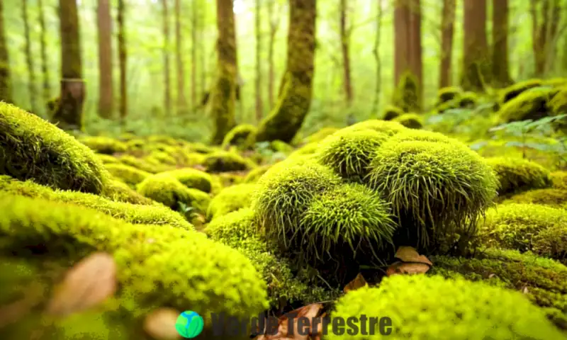 Primer plano de musgos de diversos tipos en un bosque iluminado por la luz del sol