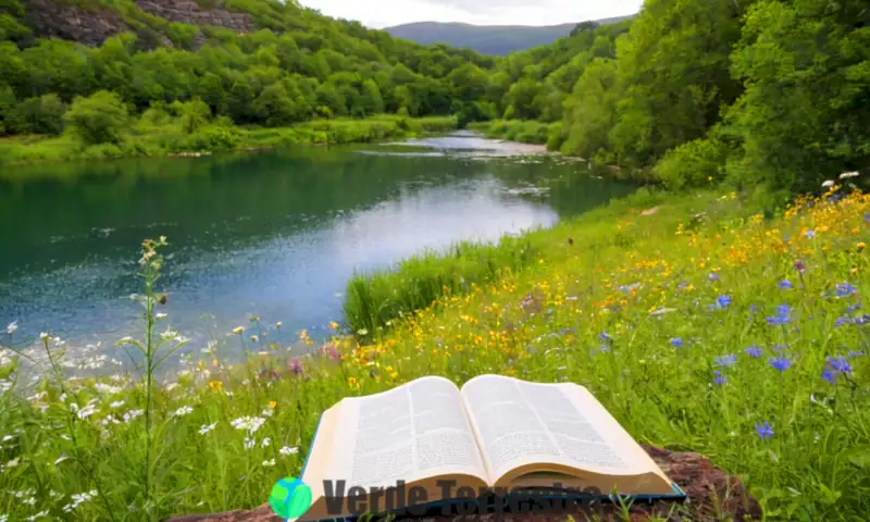 Paisaje sereno con un río, bosques verdes, flores silvestres y un libro abierto con citas inspiradoras bajo un cielo azul
