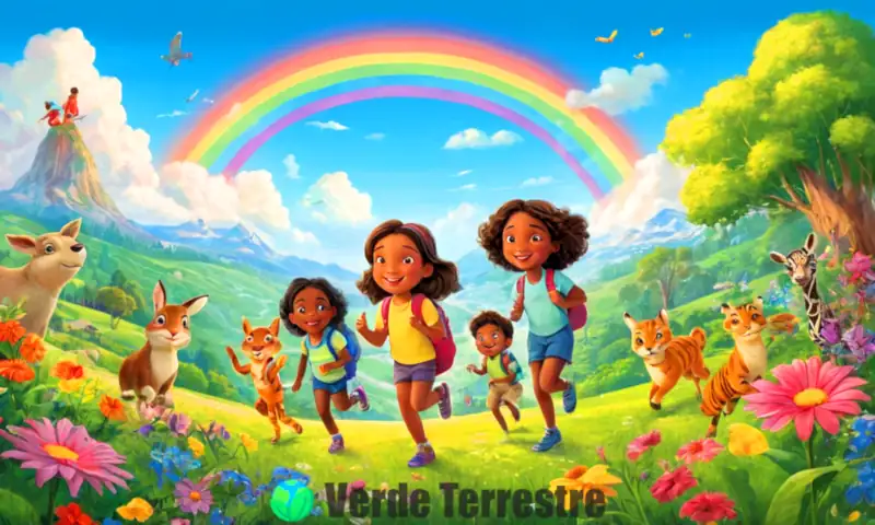 Niños explorando un paisaje natural vibrante, rodeados de plantas, flores, animales y un cielo azul con arcoíris