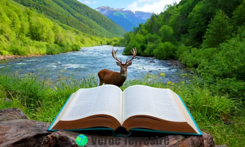 Paisaje sereno con un bosque verde, cielo azul, un río y un libro abierto con frases inspiradoras sobre la naturaleza