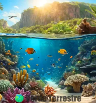 Ilustración circular de ecosistemas con un colorido arrecife de coral