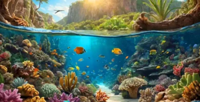 Ilustración circular de ecosistemas con un colorido arrecife de coral