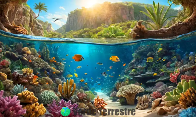 Ilustración circular de ecosistemas con un colorido arrecife de coral