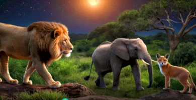 Escena dividida que muestra animales diurnos en una sabana soleada a la izquierda y animales nocturnos en un bosque iluminado por la luna a la derecha