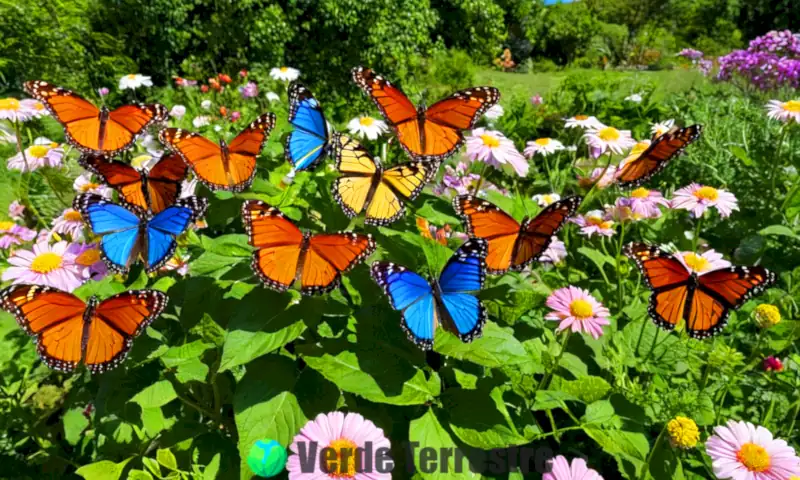 Un jardín vibrante con más de 22 mariposas coloridas y etiquetadas, volando bajo un cielo azul