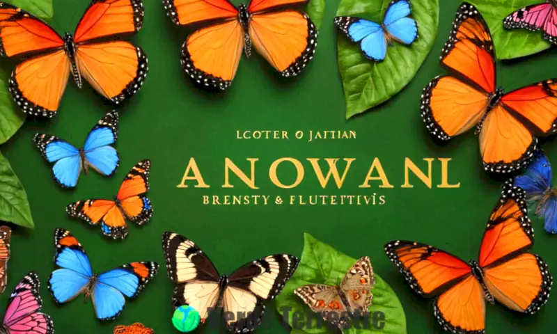 Colección de mariposas coloridas en un jardín tropical, rodeadas de flores y con nombres elegantes