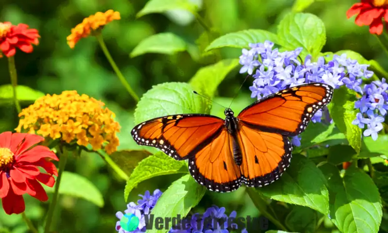 Colección de 22 mariposas coloridas en un jardín, etiquetadas con sus nombres y características, rodeadas de flores vibrantes y un cielo azul