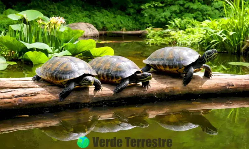 Tortugas de agua dulce descansan sobre un tronco bajo la luz del sol, rodeadas de vegetación y aguas tranquilas