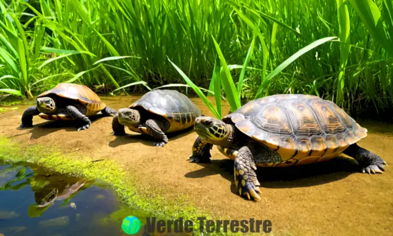 Ilustración realista de tortugas invasoras en un exuberante humedal tropical, rodeadas de plantas verdes y agua brillante