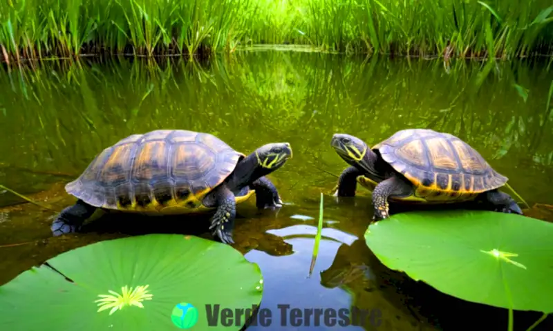 Ilustración de diversas especies de tortugas semi-acuáticas en un humedal exuberante, mostrando sus características únicas