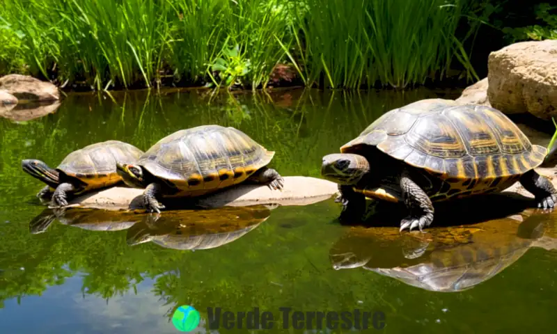 Ilustración de tortugas semiacuáticas en un río, con especies como la Tortuga de Orejas Rojas y la Tortuga Pintada, rodeadas de vegetación y detalles como libélulas y nenúfares