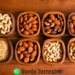 Variedad de nueces etiquetadas sobre una mesa de madera rústica