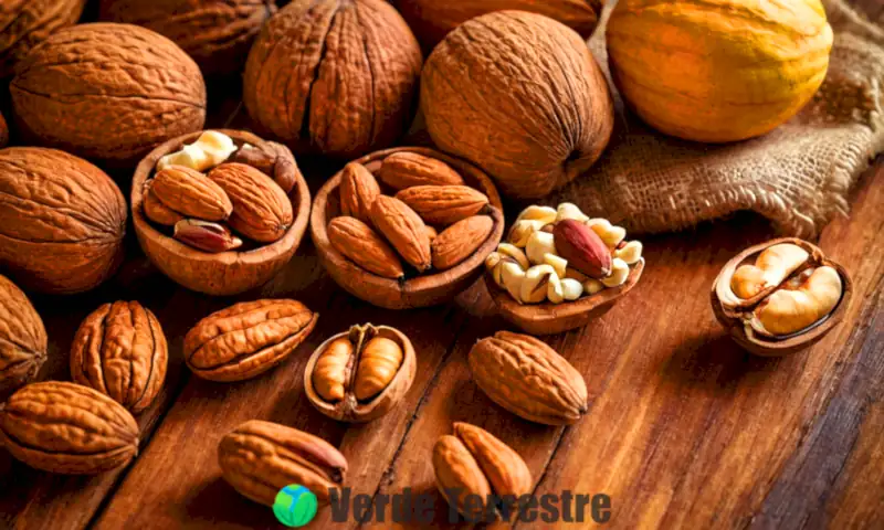 Variedad de nueces en una mesa rústica, con la nuez común en el centro y un fondo de huerto iluminado