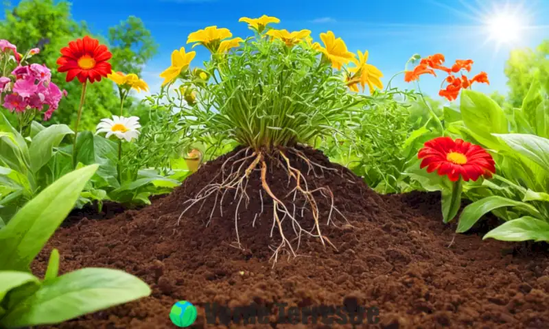 Ilustración educativa de plantas verdes absorbiendo nutrientes del suelo en un jardín vibrante, con luz solar filtrándose entre las hojas