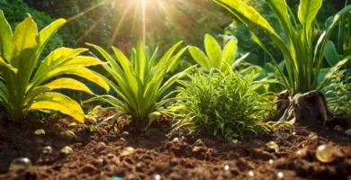 Ilustración botánica de un jardín con diversas plantas
