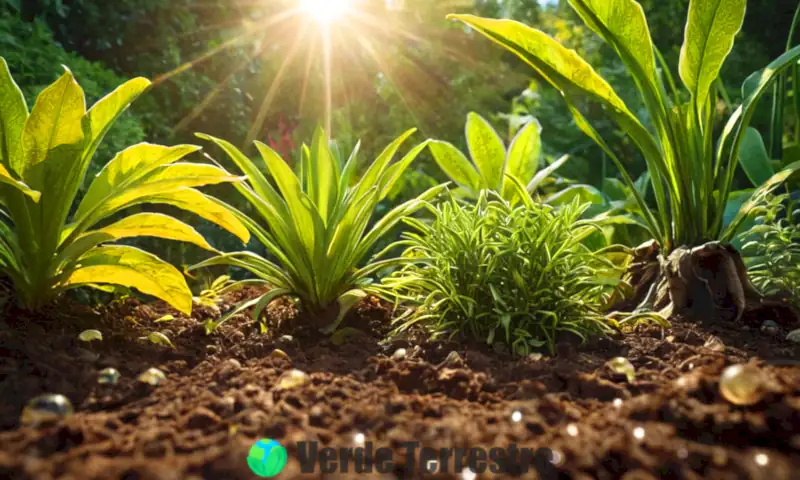 Ilustración botánica de un jardín con diversas plantas
