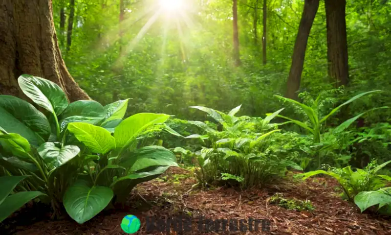 Ilustración botánica de plantas en un bosque, mostrando el proceso de nutrición con raíces absorbentes, hojas intercambiando gases y luz filtrándose entre las hojas