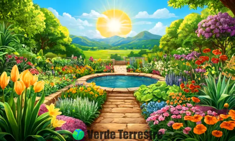 Ilustración colorida de un jardín con plantas que muestran diferentes tipos de nutrición, como fotosíntesis y absorción de minerales