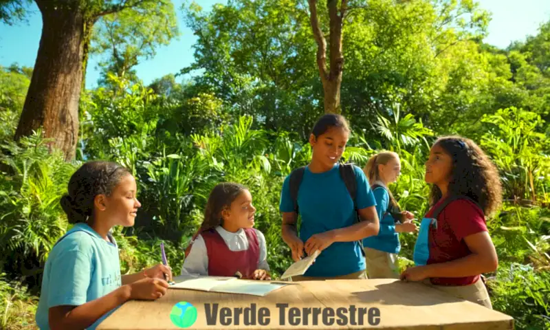 Estudiantes diversos aprenden sobre sostenibilidad en un aula al aire libre rodeada de plantas y fauna