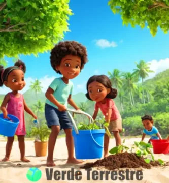 Niños diversos plantando árboles y limpiando una playa en un ambiente natural vibrante y esperanzador