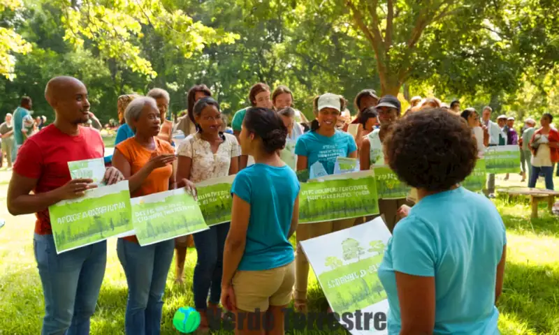Reunión comunitaria en un parque vibrante, con personas diversas participando en un taller sobre sostenibilidad
